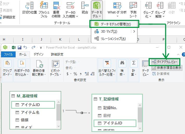 パワーピボットを使用したリレーションシップの設定画面