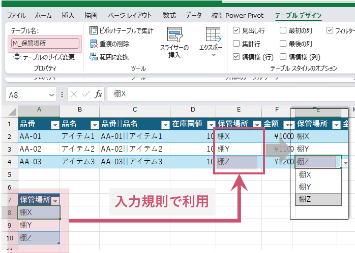 M_保管場所テーブルを入力規則リストとして利用