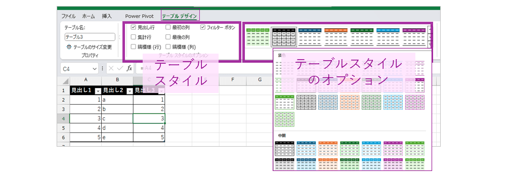 テーブルスタイルエリアとテーブルスタイルのオプションエリア