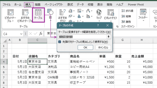 テーブルの作成