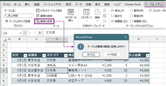テーブルの解除