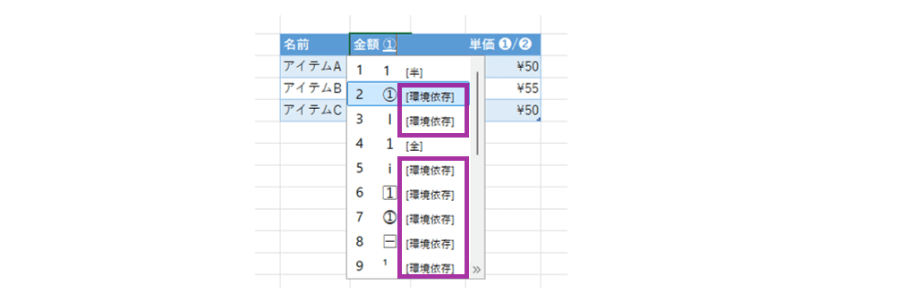 文字変換の候補表示中の「環境依存」