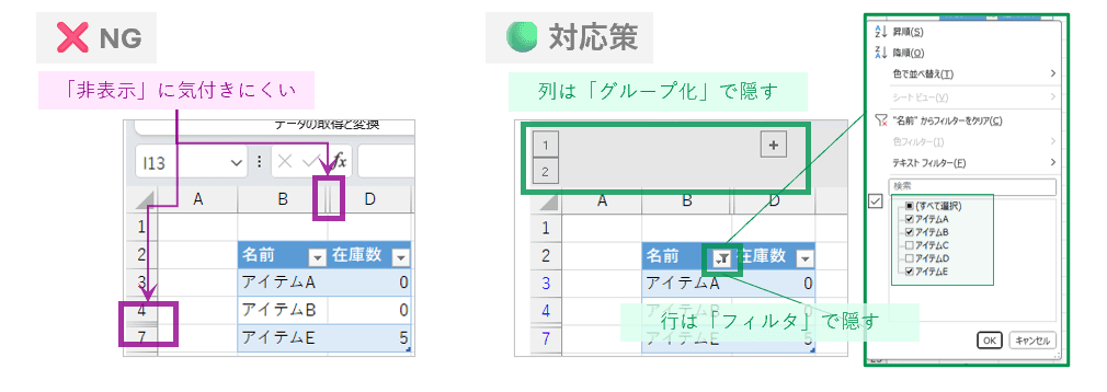 「セルの非表示」は使用しない