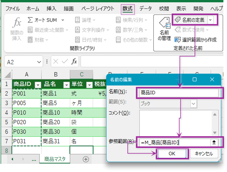 テーブルの列の「名前定義」
