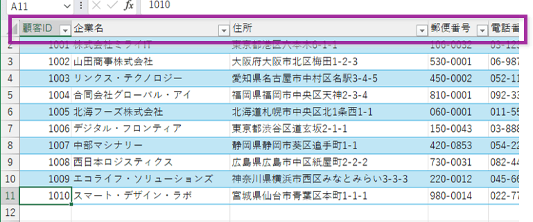 テーブルの見出しのヘッダー表示