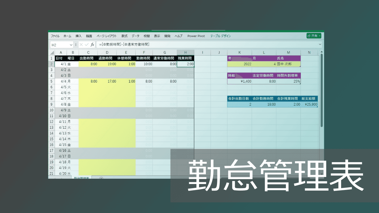 Thumbnail for 自動計算のカスタムも楽！エクセル勤怠管理表の作り方・自作方法【テーブル活用】