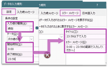 データの入力規則ダイアログで時刻の範囲を設定する