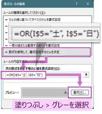 土日グレーアウト用の条件付き書式ルールの設定画面