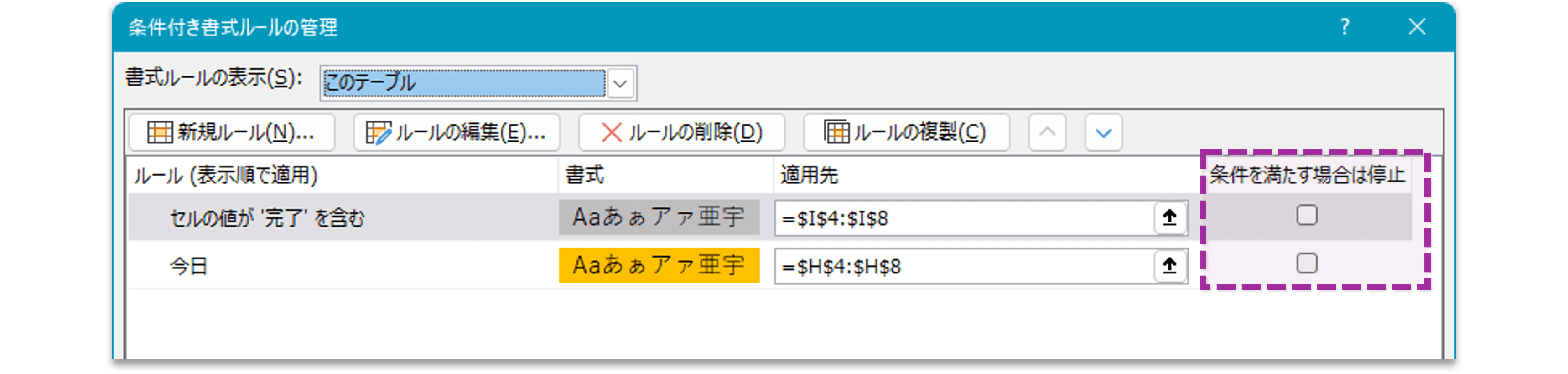 「条件を満たす場合は停止」オプション