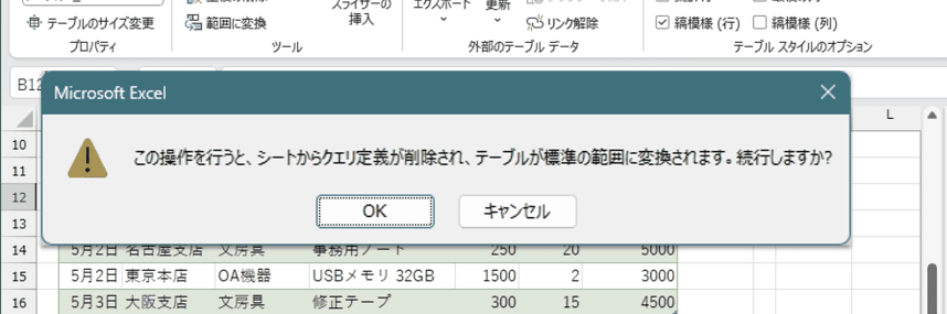 クエリが設定されているテーブルの確認メッセージ